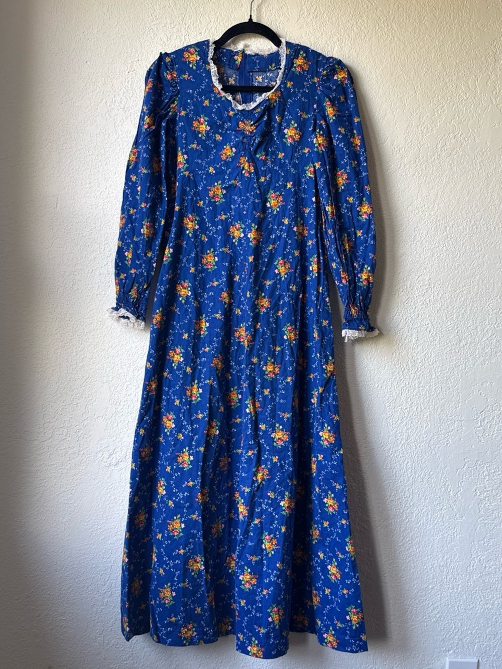 Vintage 70s Handmade Blue Floral Lace-Trim Maxi Dress with Long Sleeves